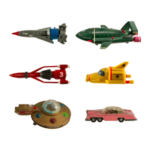 Playworn toys: Six Thunderbird vehicles, 1960s